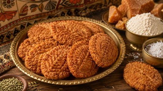Authentic Bihari thekua made with wheat flour, jaggery and desi ghee arranged on a plate