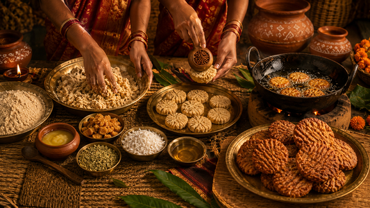 Step by step thekua recipe - pressing dough on traditional wooden mould